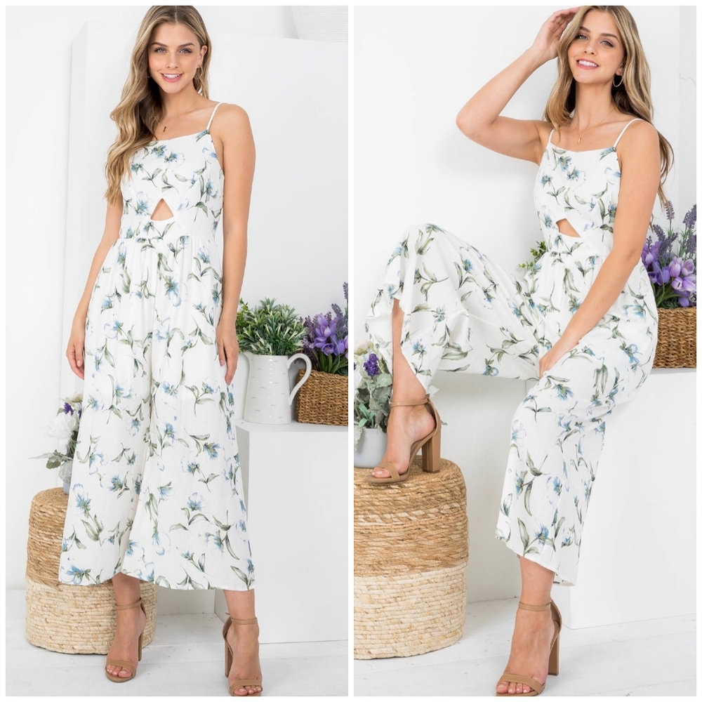 DOE & RAE White Floral Peek-A-Boo Cut Out Wide Leg Jumpsuit - Picture 9 of 9